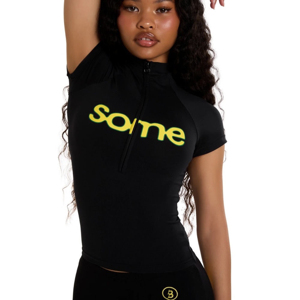Body By Raven Tracy - Black Short-Sleeve Zip Crop Top with Neon Yellow Logo